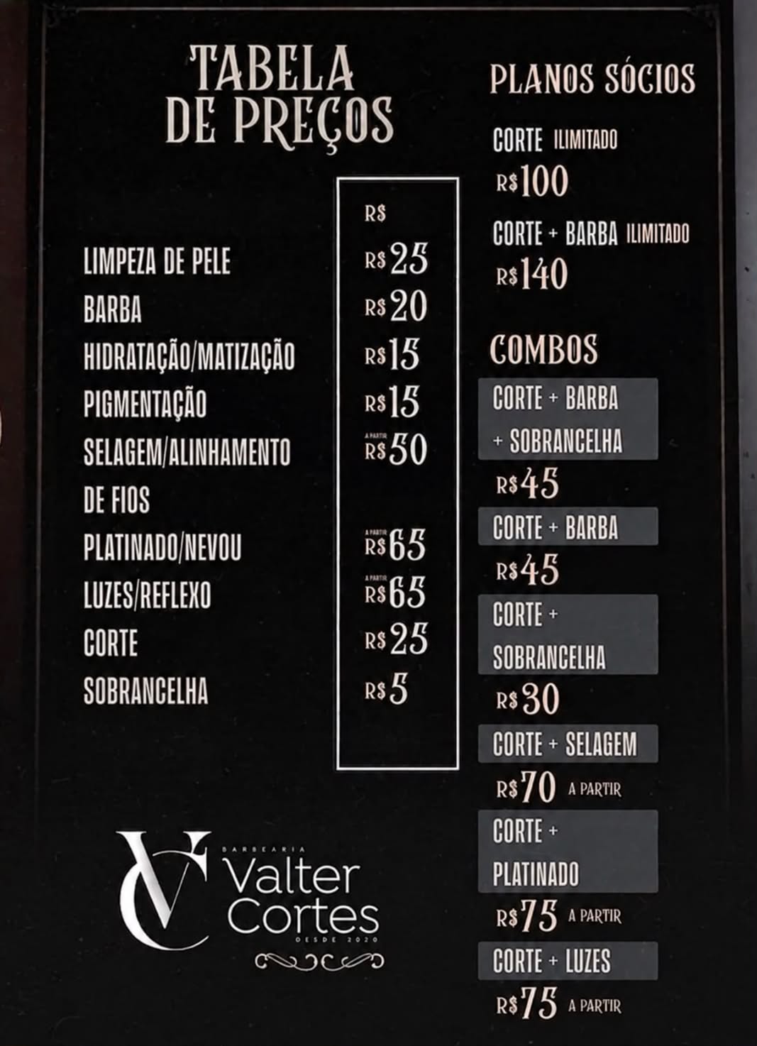 Tabela de preços da Barbearia Valter Cortes: corte R$ 25, barba R$ 20, sobrancelha R$ 5, planos sócios de R$ 100 e R$ 140 e combos a partir de R$ 30